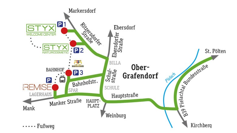 STYX directions Obergrafendorf, © Styx Naturkosmetic GmbH Map of Ober-Grafendorf with streets and parking lots, showing Styx Welcome Center.