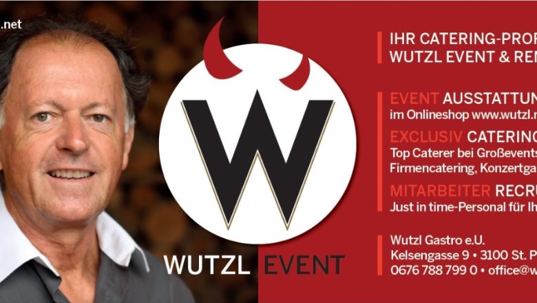 Advertisement for Wutzl Event with photo of a man and company information.