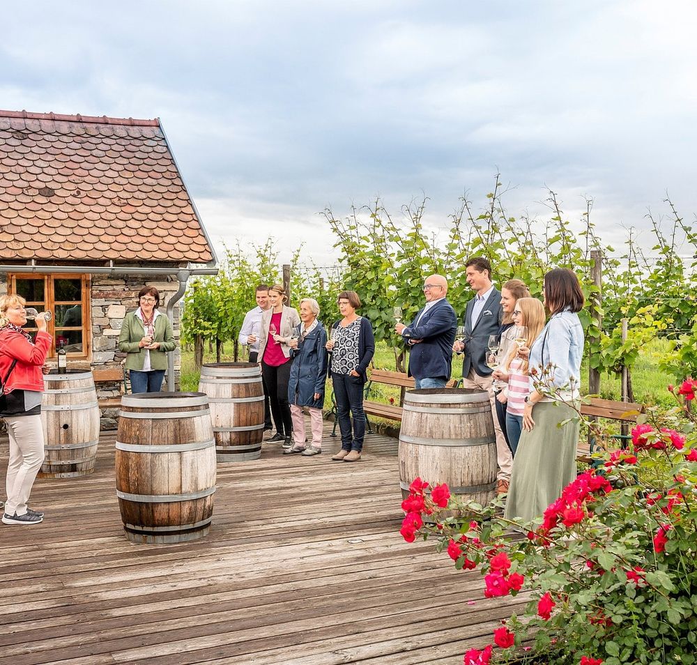 Eine Gruppe steht auf der Terrasse der Winzer Krems im Weingarten und verkostet einen der Weine. 