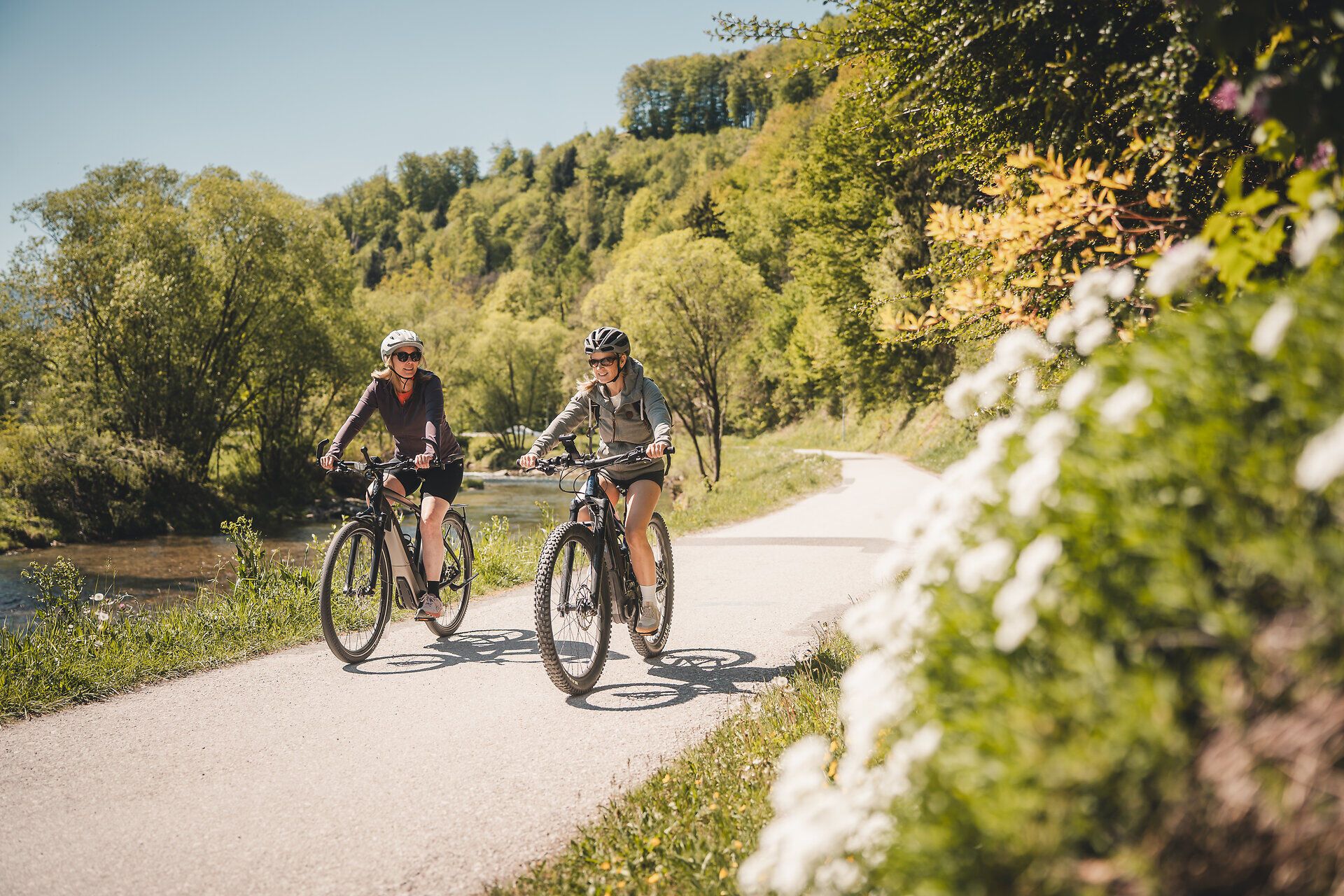 Zwei Radfahrerinnen fahren entlang des Traisental-Radwegs, der durch bewaldetes Gebiet führt.