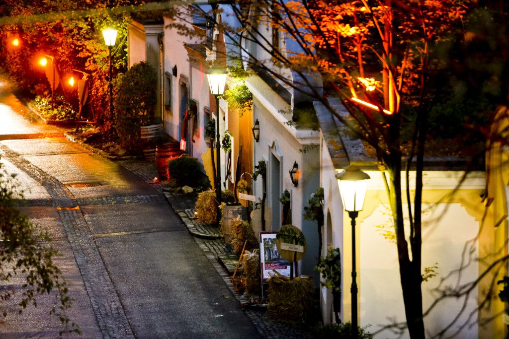 Abendstimmung in der geschmückten Kellergasse