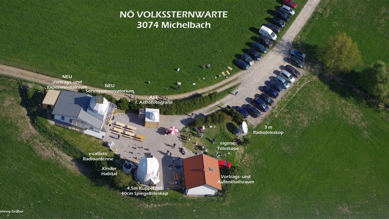 Luftaufnahme der Volkssternwarte Michelbach mit Geb&auml;uden, Teleskopen und geparkten Autos.