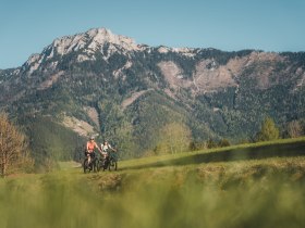 Two cyclists on the Traisental cycle route, mountain panorama in the background.
