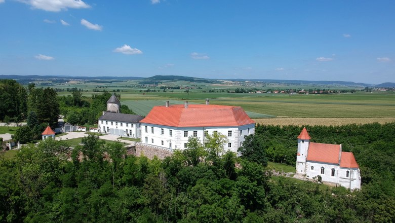 Luftaufnahme von Schloss Viehofen mit rotem Dach, umgeben von grüner Landschaft und Feldern.