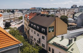 Aerial view of a hotel-inn in St. Pölten with surrounding buildings and streets.
