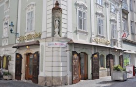 Historic pharmacy with a green fa&ccedil;ade and golden lettering in a town.
